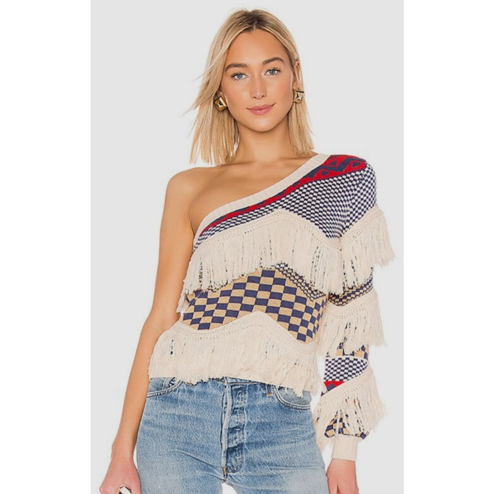 House‎ of Harlow 1960 x REVOLVE Noa Fringe One-Shoulder Sweater Cream XXS 244